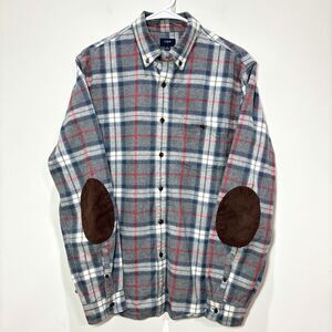 J Crew Men Plaid Flannel Button Down Shirt M Cotton Elbow Patch Dad Preppy Cabin